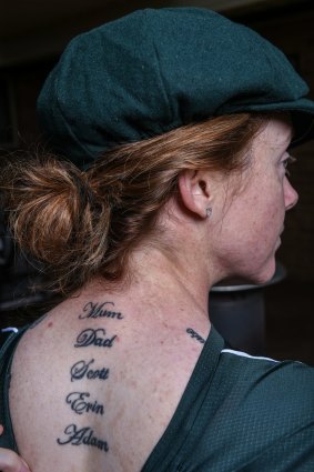 Sarah Coyte demonstrated her commitment to her family by having their names tattooed on her neck, so signify they "always have her back".