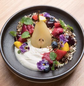 Muesli with maple-poached pear.