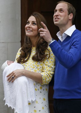 Britain's Prince William and Kate, Duchess of Cambridge and their newborn baby princess, pose for the media as they leave St. Mary's Hospital's exclusive Lindo Wing, London, Saturday, May 2, 2015.  Kate, the Duchess of Cambridge, gave birth to a baby girl on Saturday morning.