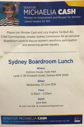 A flyer for the "exclusive" Liberal fundraiser spruiking Lucy Turnbull's role.
