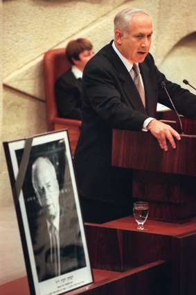Benjamin Netanyahu, in his first term as PM, remembers former prime minister Yitzhak Rabin during a Knesset meeting in 1998. Some close to Rabin blamed Netanyahu for the incitement that preceded Rabin's assassination by a right-wing zealot in 1995.