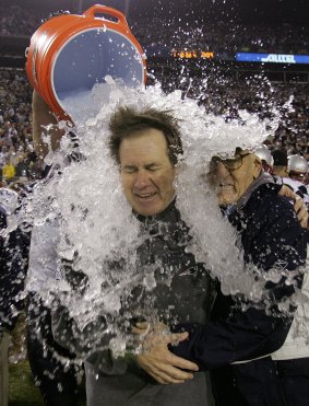 Belichick is doused with an ice bucket after the Patriots beat the Philadelphia Eagles 24-21 in 2005 - their last Super Bowl win.