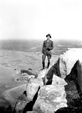 Herald journalist Charles Bean standing on top of the Pyramid of Cheops at Giza, before the Gallipoli invasion.  01-01-1915. 