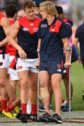 Melbourne's Josh Wagner was on crutches with a leg injury.
