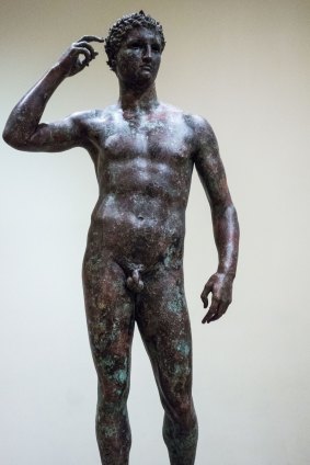 The Victorious Youth at the Getty Villa: A Greek bronze statue circa 300-100 BC.