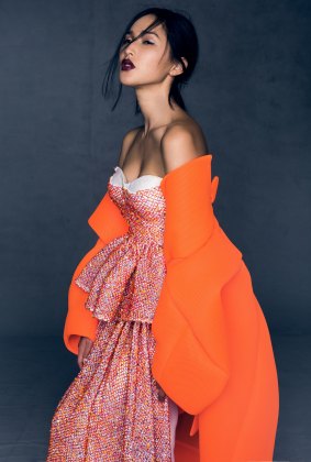 Silk and polyester hand-beaded bustier and skirt, with polyester overcoat, resort 2015, worn by Nicole Warn. From Maticevski: The Elegant Rebel.
