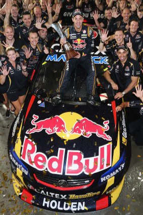 Record hall: Jamie Whincup and his Red Bull Racing team celebrate their V8 title win.