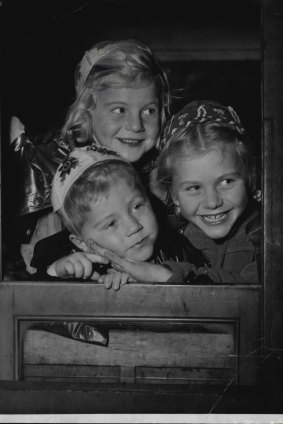 Three children from Czechoslovakia - nine-year-old Gabriela, seven-year-old Maria and four-year-old Alexander Babarczy - arrive in Australia in November 1949.