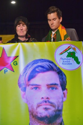 Reece Harding's mother, Michele, and brother, Jordan, at the funeral of Reece in Melbourne. Reece died fighting with  the Kurds against Islamic State. 