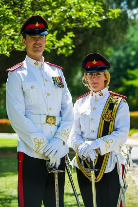 Duntroon Graduation Ceremony. Sword of Honour winner, senior officer Robert Loftus and the Queen's Medal winner, under officer Stacy Furlong.