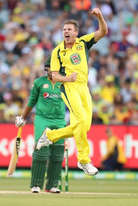 James Faulkner of Australia celebrates the wicket of Sharjeel Khan of Pakistan at the MCG on Sunday.