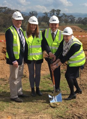 Riverview director David Maxwell, Labor MLAs Yvette Berry MLA and Chris Bourke, and Strathnairn Arts Association chief Sheryle Moon turn the first sod of the Ginninderry project.