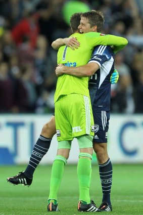 Nathan Coe and Adrian Leijer celebrate Victory's win over Adelaide last Friday night. Victory have a perfect home record.