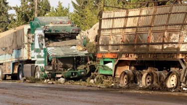 Damaged trucks carrying aid in Aleppo, Syria.