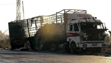 A damaged vehicle purportedly from the aid convoy in Syria.