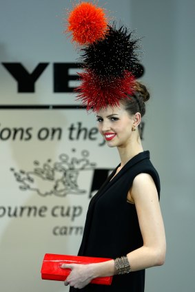 Model Alice Anderson wearing a headpiece from Canberra milliner Cynthia Jones-Bryson which won the Oaks Day Millinery Award 2015 in Melbourne. 