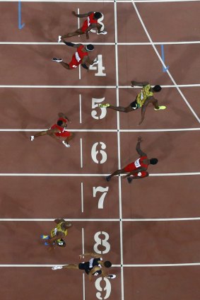 An aerial view of the finish of the 100 metres final.