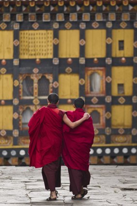 Young monks in the courtyard of their monastry between prayer sessions and classes.