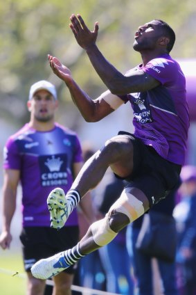 And flying high: Suliasi Vunivalu takes the high ball at training during the week.