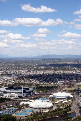 An aerial view of the MCG and Melbourne Park. The MCG will host the cricket World Cup final in March.