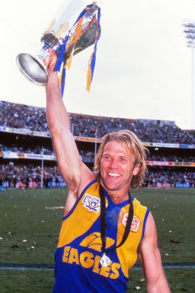 Chris Mainwaring celebrates a flag with the Eagles. 





 in Melbourne, Australia. (Photo by Getty Images) 