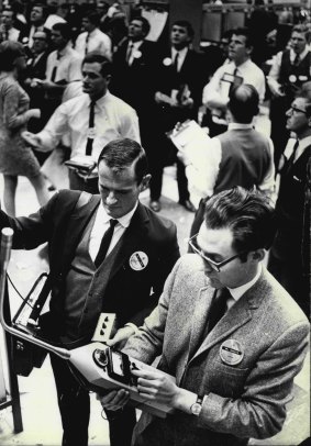 Michael Mason (left) and Louis Challis perform acoustics testing at the stock exchange in 1968. 