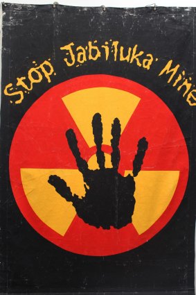 Midnight Oil's Stop Jabiluka Mine  handpainted canvas banner, from the Red Neck Wonderland Tour in 1998.