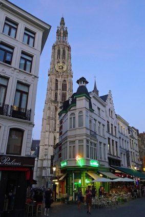 The cathedral from Oude Koornmarkt in Antwerp, Belgium. 