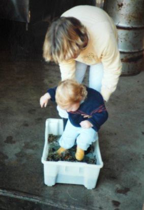 Chris Carpenter from Lark Hill Winery at age 2, foot-stomping riesling with mum Sue Carpenter.