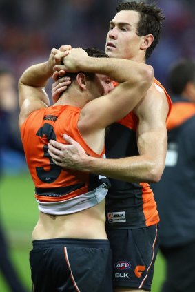Stephen Coniglio and Jeremy Cameron of the Giants after their 2016 preliminary final loss.