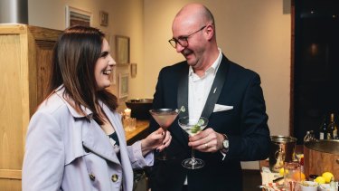 Canberra Times reporter Katie Burgess with 'martini whisperer' Phillip Jones at Pialligo Estate.