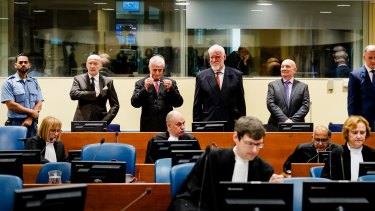 Jadranko Prlic, second left, Bruno Stojic, Slobodan Praljak, Milivoj Petkovic and Valentin Coric at the Yugoslav War Crimes Tribunal in The Hague, Netherlands on Wednesday.