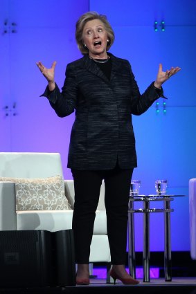 Hillary Clinton in her signature pantsuit in February in California.