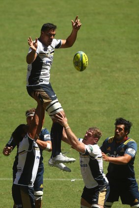 Rory Arnold of the Brumbies takes a lineout during the Rugby Global Tens match between Brumbies and Highlanders.