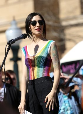 Jess Origliasso from The Veronicas speaks at the same sex marriage equality rally in Brisbane last year.