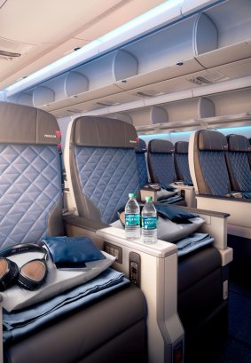 The shiny new leather Premium Select seats are, at 47 centimetres (18.5 inches), marginally wider than main cabin seats (18 inches), with a deeper recline and extra legroom, a pitch of 38 inches (96.5 centimetres).