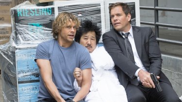 Bobby Lee, Eric Christian Olsen, and Michael Weatherly in <i>NCIS: Los Angeles</i>, the spin-off show created by Brennan in 2009.