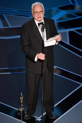 James Ivory accepts the Oscar for best adapted screenplay for <i>Call Me by Your Name</i>.