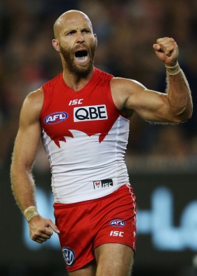 Jarrad McVeigh of the Swans celebrates a goal in the dying stages of the round eight match against Hawthorn.