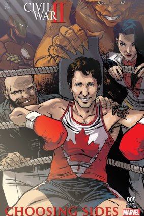 Canadian Prime Minister Justin Trudeau in the Choosing Sides Marvel cover by artist Ramon Perez.
