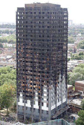 The burnt Grenfell Tower apartment building in London.