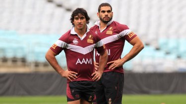 Johnathan Thurston and Greg Inglis in training with the Queensland Maroons in 2012.