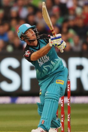 Brisbane Heat captain Chris Lynn smashes a six, one of seven in his innings of 56. For good measure he also hit a couple of fours.