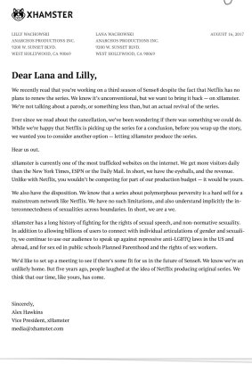 xHamster's open letter to the Wachowski siblings, offering to revive their cancelled TV show Sense8.?