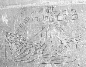 Late medieval ship graffiti, Norwich Cathedral, England.