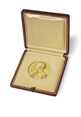 Going to auction ... This image provided by Christie's auction house shows the 1962 Nobel Prize medal James Watson won for his role in the discovery of the structure of DNA. 