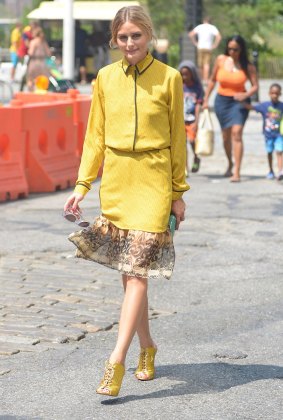 Olivia Palermo gives a classic yellow shirt dress a designer twist.