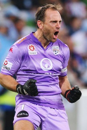 Adelaide goalkeeper   Eugene Galekovic celebrates a goal en route to the grand final against Western Sydney Wanderers. 