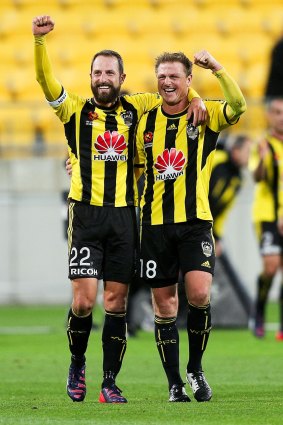 Andrew Durante and Ben Sigmund of the Phoenix celebrate the come-from-behind win over the Central Coast Mariners.