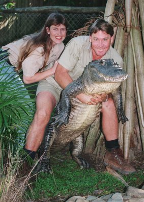 Terri and Steve Irwin in a scene from The Crocodile Hunter in 1999. 